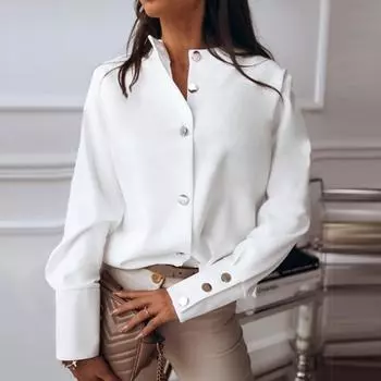 Женские свободные модные рубашки, однотонные рубашки с воротником-стойкой и длинным рукавом, облегающие топы XL белый