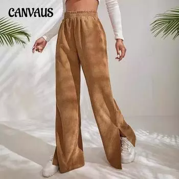 Женские свободные новые повседневные однотонные вельветовые брюки с высокой талией и разрезами по низу S чёрный