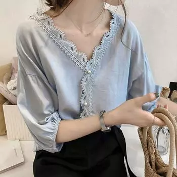 Женские свободные однотонные элегантные топы с жемчужной пряжкой и кружевной строчкой с v-образным вырезом и семиточечным рукавом XXL розовый
