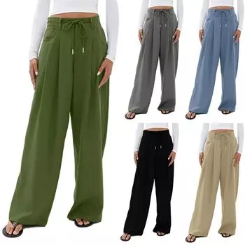 Женские свободные однотонные брюки с эластичным поясом и завязками на талии, однотонные брюки с карманами L армия зеленый