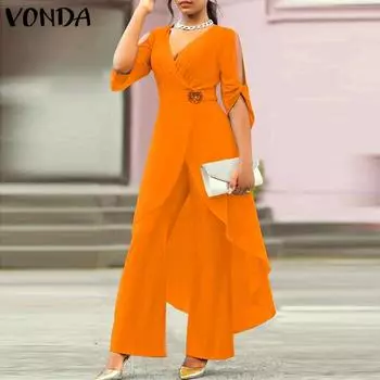 Женские свободные однотонные брюки VODNA с v-образным вырезом и рукавами 3/4, завязками на талии M ярко-розовый