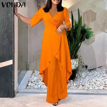 Женские свободные однотонные брюки VODNA с v-образным вырезом и рукавами 3/4, завязками на талии