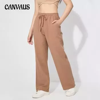 Женские свободные однотонные широкие брюки с эластичной резинкой на талии и шнуровкой S оранжевый