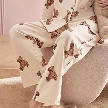 Женские свободные пижамные штаны с принтом мультяшного медведя для весны и осени, удобные для ношения на открытом воздухе, прямые брюки для дома и отдыха M (75-95 jin)