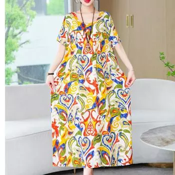 Женские свободные платья, элегантное повседневное летнее платье больших размеров с коротким рукавом, длинное платье больших размеров, женская винтажная одежда XL