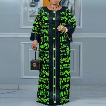 Женские свободные платья больших размеров с V-образным вырезом и длинным рукавом с принтом 4XL зелёный