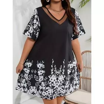 Женские свободные платья большого размера, удобное повседневное платье в стиле пэчворк с короткими рукавами и принтом XL чёрный