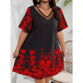 Женские свободные платья большого размера, удобное повседневное платье в стиле пэчворк с короткими рукавами и принтом XL чёрный