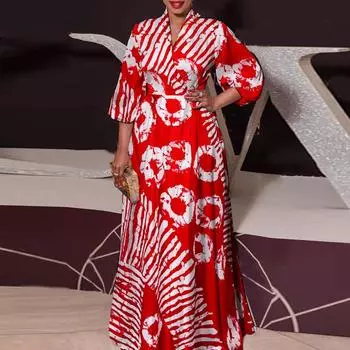 Женские свободные платья большого размера с V-образным вырезом и длинным рукавом с принтом S красный