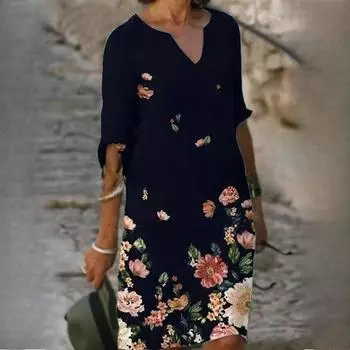 Женские свободные платья из бамбукового волокна с цветочным принтом и короткими рукавами в винтажном литературном стиле с V-образным вырезом и рукавами Five Points S белый