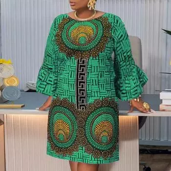 Женские свободные платья миди с круглым вырезом и длинными рукавами с принтом больших размеров M синий