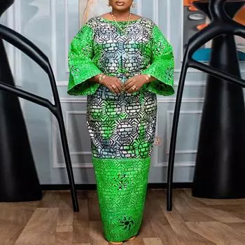 Женские свободные платья с круглым вырезом и длинными рукавами больших размеров M зелёный