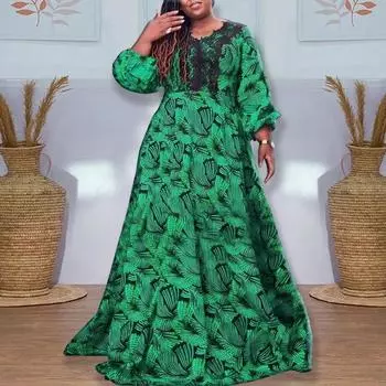 Женские свободные платья с v-образным вырезом и длинными рукавами больших размеров с принтом M оранжевый