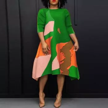 Женские свободные платья средней длины с круглым вырезом и короткими рукавами большого размера с принтом L оранжевый