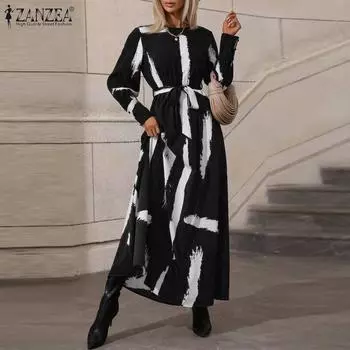Женские свободные платья ZANZEA с круглым вырезом и длинными рукавами, завязками и принтом на талии