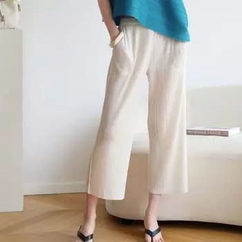 Женские свободные плиссированные брюки, однотонные, тонкие, свободные, широкие, дикие, простые, повседневные, летние укороченные брюки One Size хаки