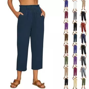 Женские свободные повседневные брюки из хлопка и льна, однотонные укороченные брюки с карманами и эластичной резинкой на талии L армия зеленый