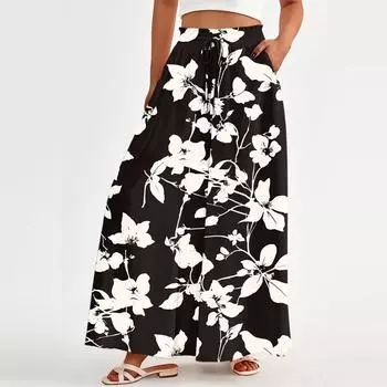 Женские свободные повседневные брюки с бохо-цветочным принтом, струящиеся брюки с высокой талией и сумкой L чёрный