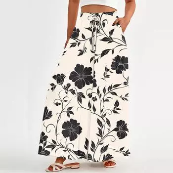 Женские свободные повседневные брюки с бохо-цветочным принтом, струящиеся брюки с высокой талией и сумкой XXL чёрный