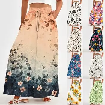 Женские свободные повседневные брюки с бохо-цветочным принтом, струящиеся брюки с высокой талией и сумкой L