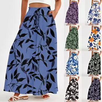 Женские свободные повседневные брюки с бохо-цветочным принтом, струящиеся брюки с высокой талией и сумкой L