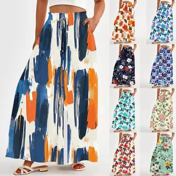 Женские свободные повседневные брюки с бохо-цветочным принтом, струящиеся брюки с высокой талией и сумкой L