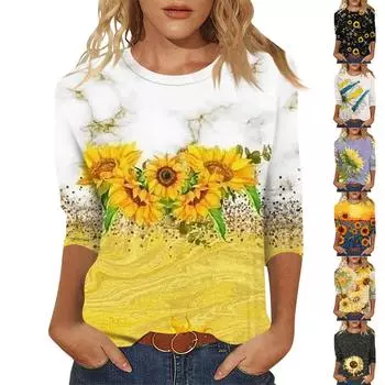 Женские свободные повседневные цветочные принты с круглым вырезом и рукавами три четверти L чёрный