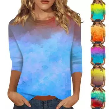 Женские свободные повседневные цветочные принты с круглым вырезом и рукавами три четверти L зелёный