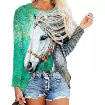 Женские свободные повседневные футболки с круглым вырезом и длинным рукавом с 3D принтом лошади для пуловеров, женские модные топы, весна-осень S