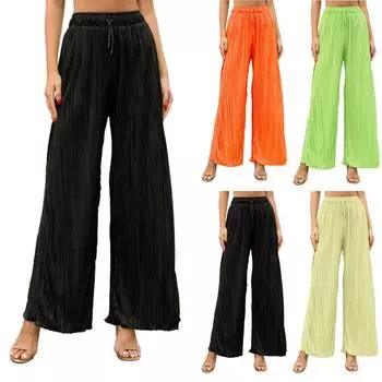 Женские свободные повседневные однотонные брюки с эластичной резинкой на талии и плиссированной завязкой на талии M бежевый