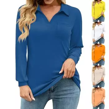 Женские свободные повседневные однотонные рубашки с V-образным вырезом, длинным рукавом и карманом на талии XL