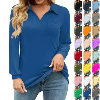 Женские свободные повседневные однотонные рубашки с V-образным вырезом, длинным рукавом и карманом на талии L армия зеленый