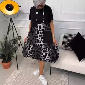 Женские свободные повседневные платья с круглым вырезом и принтом S чёрный