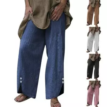 Женские свободные повседневные пляжные брюки однотонные широкие повседневные брюки на пуговицах повседневные брюки L чёрный