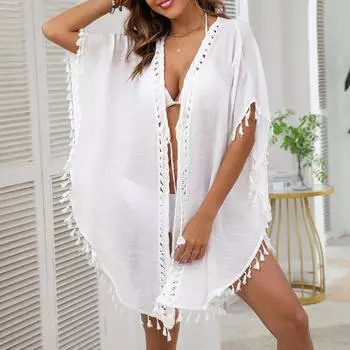 Женские свободные повседневные пляжные накидки-бикини с бахромой one size белый