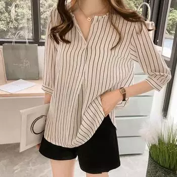 Женские свободные повседневные рубашки в полоску с принтом, рубашки с рукавами три четверти, топы L