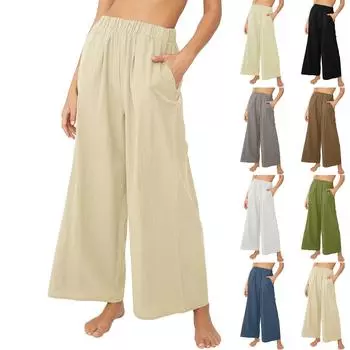Женские свободные повседневные широкие брюки из хлопка и льна с высокой талией, свободные брюки L хаки