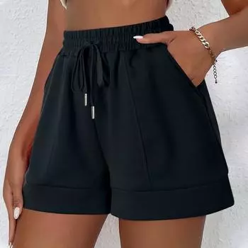 Женские свободные повседневные шорты с высокой талией и эластичным поясом, свободные широкие повседневные шорты L чёрный