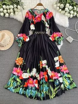 Женские свободные праздничные пляжные платья с принтом большого размера, длинное плиссированное платье макси большого размера с поясом One Size чёрный