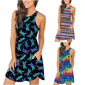 Женские свободные простые платья без рукавов, повседневное короткое платье с карманами, платье с радужным градиентным принтом и принтом тай-дай M синий