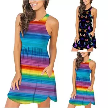 Женские свободные простые платья без рукавов, повседневное короткое платье с карманами, платье с радужным градиентным принтом и принтом тай-дай XL чёрный