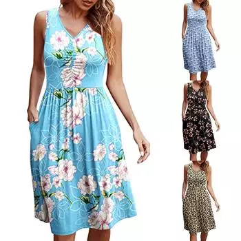 Женские свободные простые платья без рукавов, повседневное короткое платье с карманами, платье с радужным градиентным принтом и принтом тай-дай L чёрный