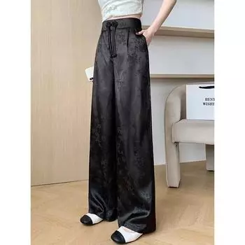 Женские свободные прямые брюки с атласной отделкой, весна-осень, повседневные брюки с высокой талией 2024 года, однотонные уличные винтажные широкие брюки Spodnie S чёрный