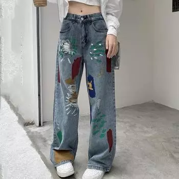 Женские свободные прямые рваные джинсы, модные красочные каракули, широкие джинсовые брюки, женские винтажные синие повседневные брюки с высокой талией, женские 24247 S синий