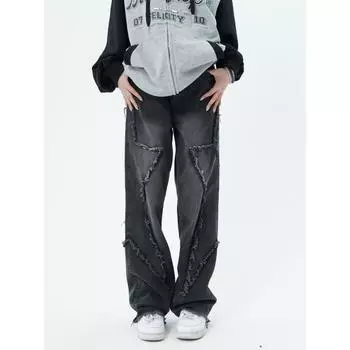 Женские свободные прямые широкие брюки с высокой талией, модные американские джинсовые брюки со звездами и кисточками, дизайн с необработанными краями Y2K S черный серый