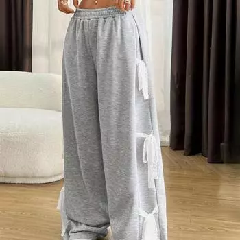Женские свободные прямые спортивные брюки в европейском и американском ретро-стиле с полосатым бантом S серый