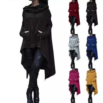 Женские свободные пуловеры с капюшоном и длинными рукавами, неровный подол, большие размеры L чёрный