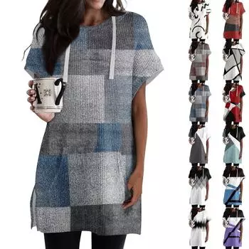 Женские свободные рубашки с принтом, толстовки с короткими рукавами и шнурком, вязаная туника с боковыми разрезами, топы с капюшоном и карманом L бежевый