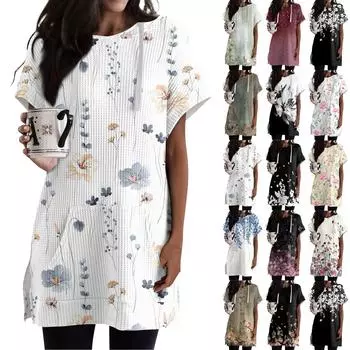 Женские свободные рубашки с принтом, толстовки с короткими рукавами и шнурком, вязаная туника с боковыми разрезами, топы с капюшоном и карманом L