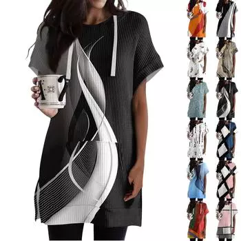 Женские свободные рубашки с принтом, толстовки с короткими рукавами и шнурком, вязаная туника с боковыми разрезами, топы с капюшоном и карманом L чёрный